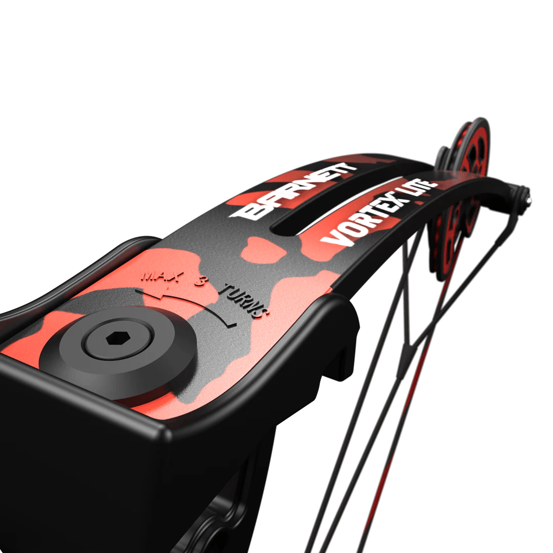 Close-up of Barnett Vortex Lite compound bow with red and black camo limb and adjustment bolt
