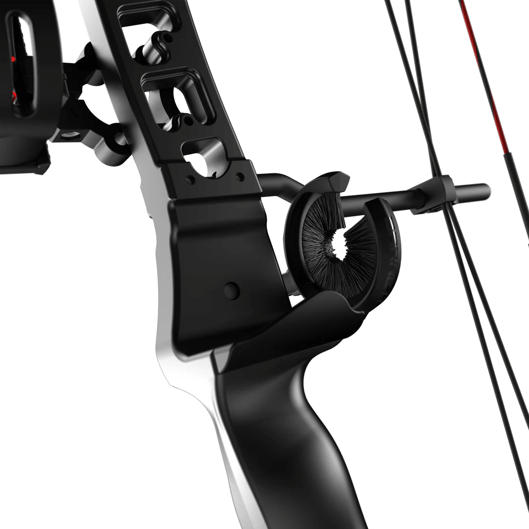 Close-up of black compound bow handle and arrow rest with cables visible
