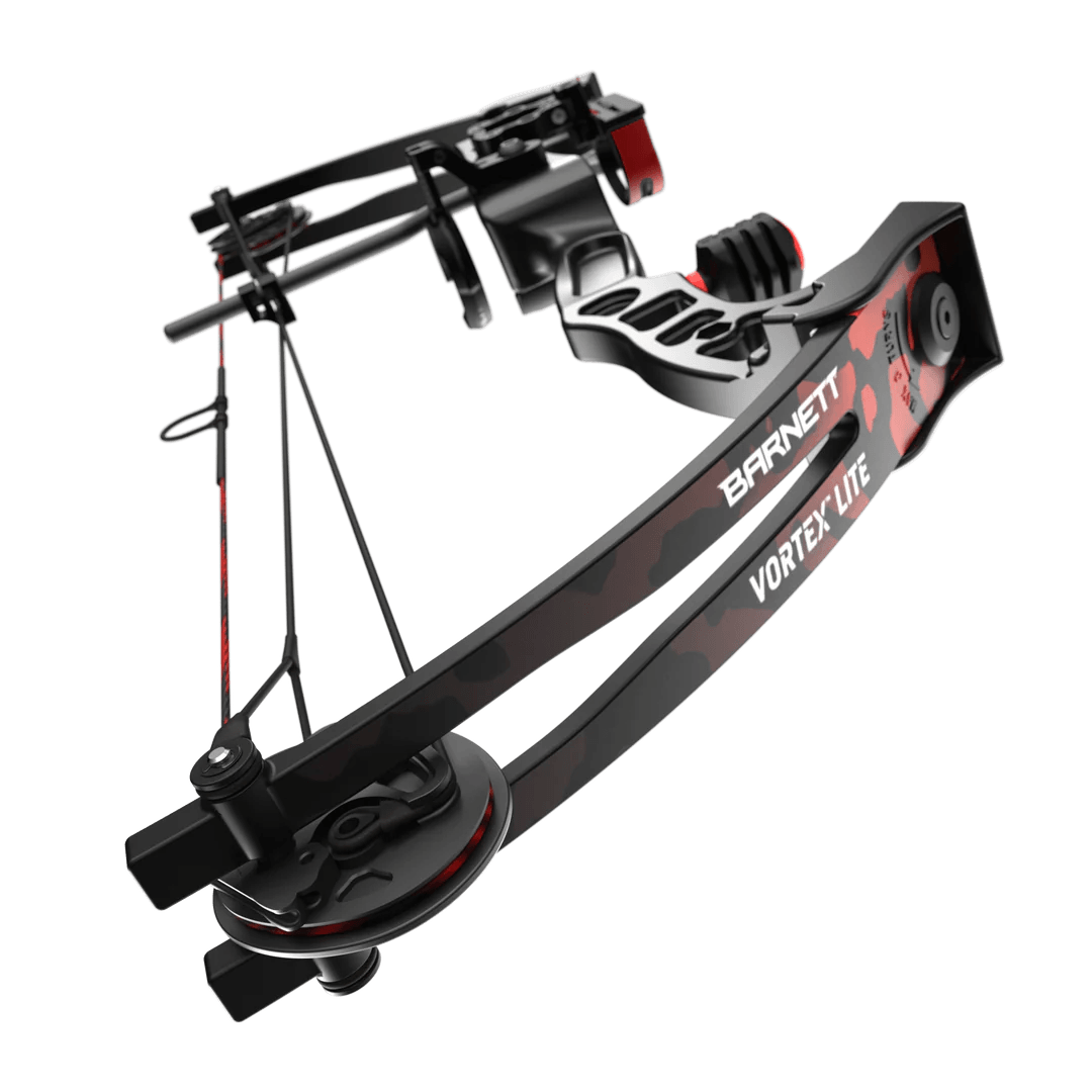 Barnett Vortex Lite compound bow in black and red camo with cables and pulleys visible.