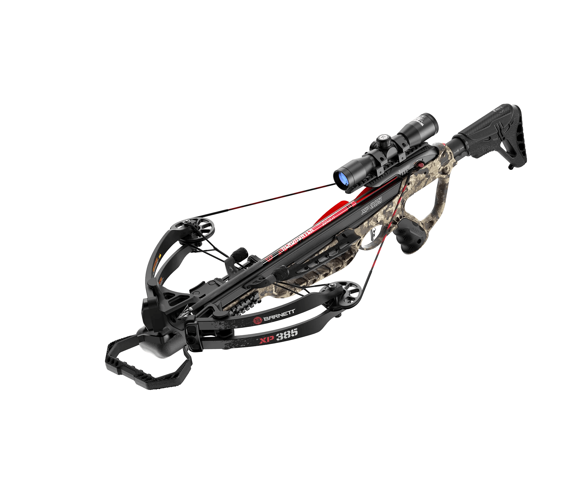 Barnett Archery XP385 crossbow with scope and camo accents on transparent background