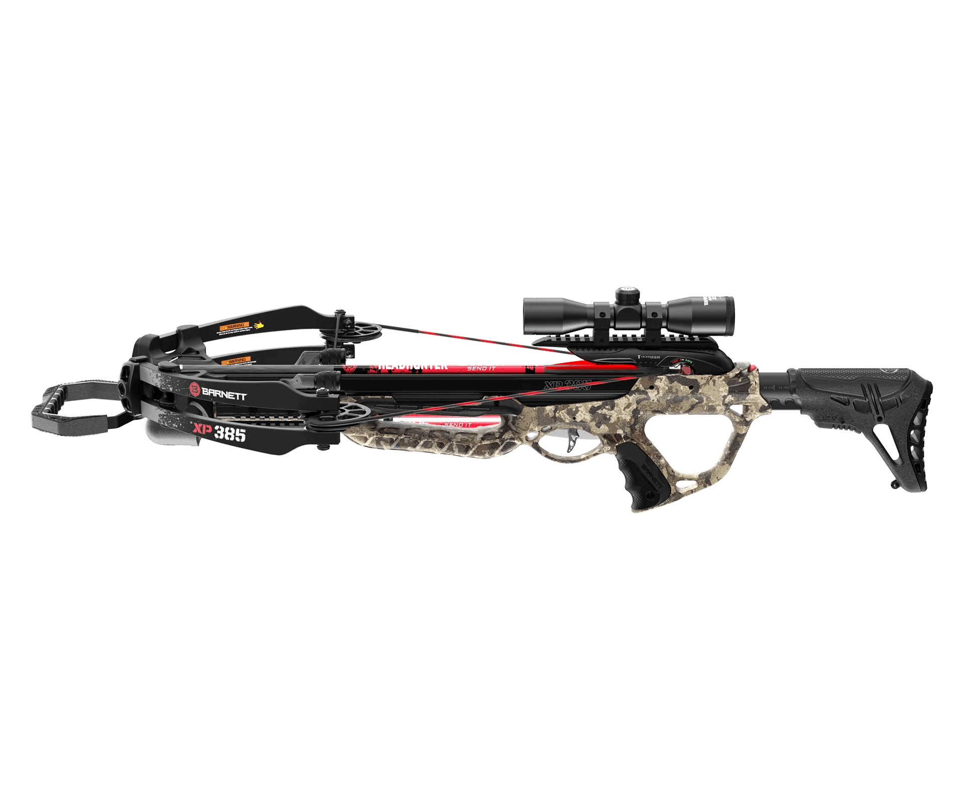 Barnett XP385 crossbow with camouflage stock and mounted scope on a transparent background