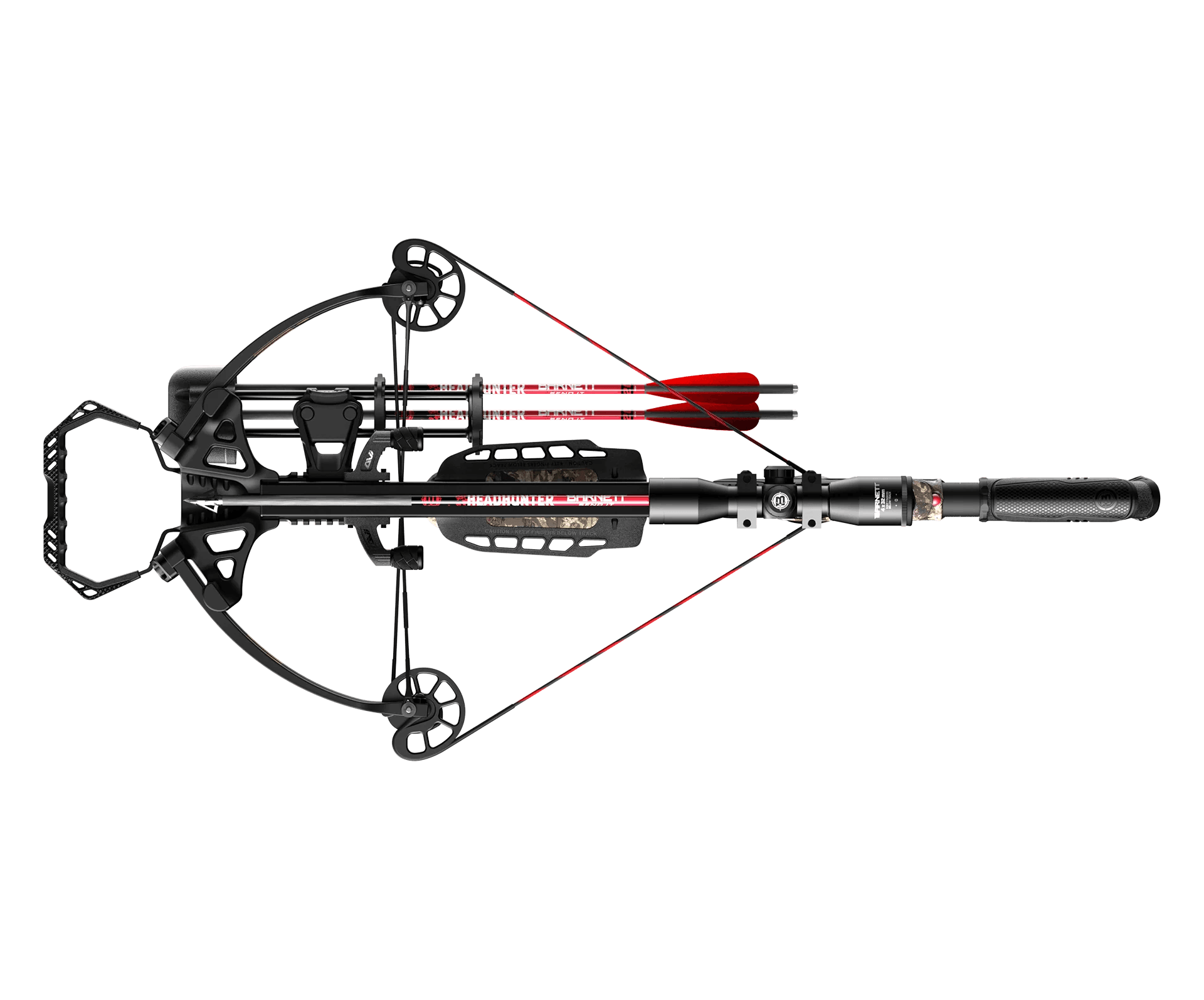 Barnett XP385 crossbow with scope and bolts, shown from above on a transparent background