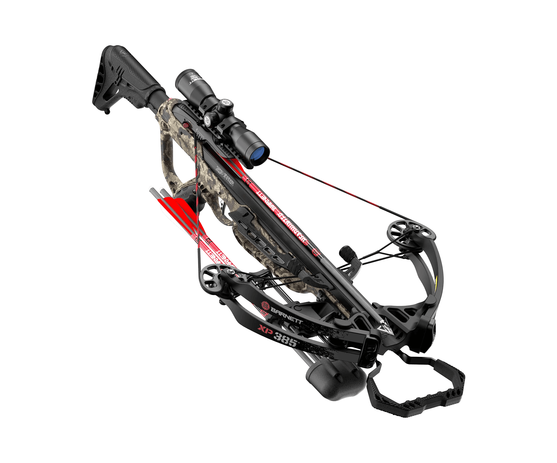 Barnett XP385 crossbow with camouflage frame, red strings, and mounted scope
