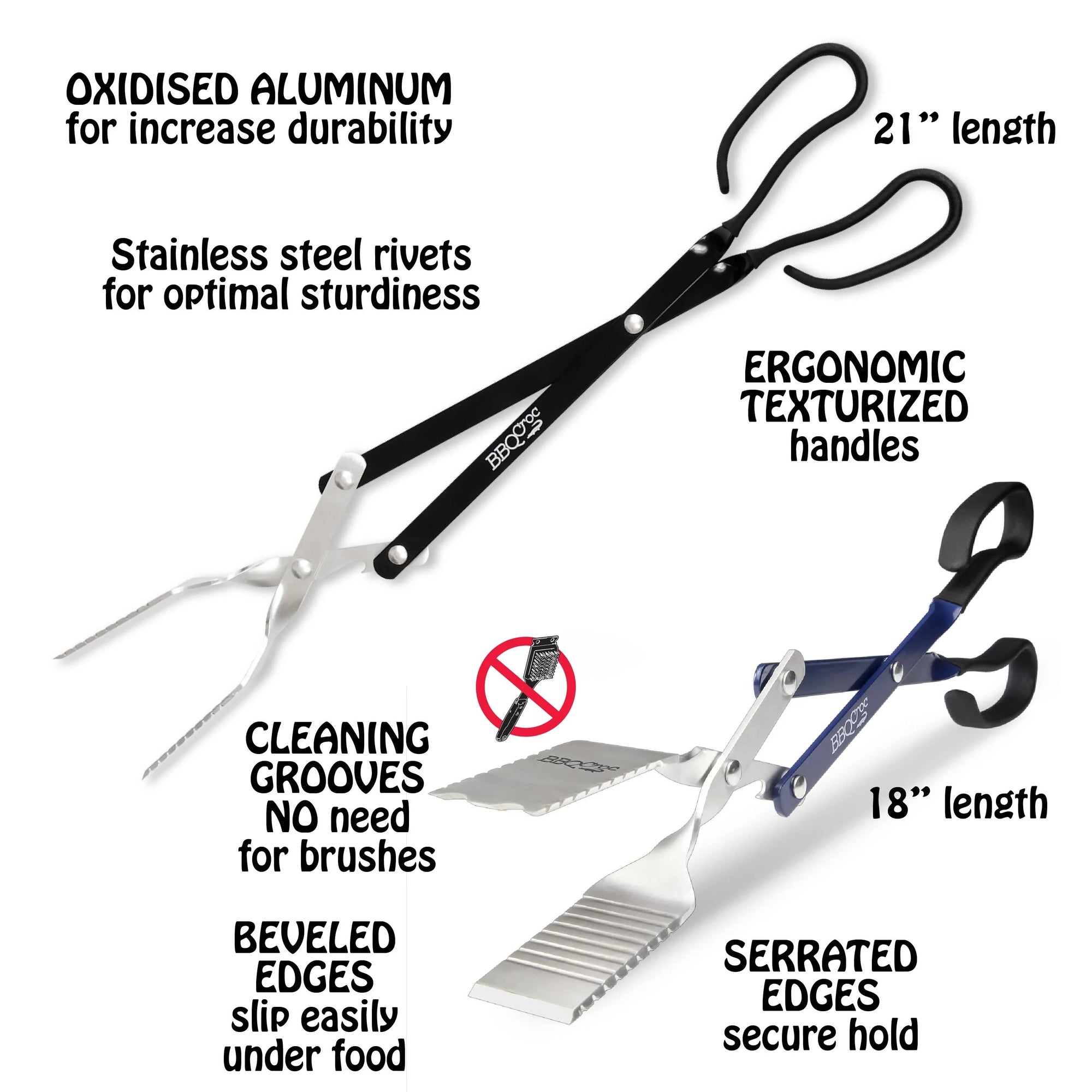 BBQ tongs and spatula set with oxidized aluminum, stainless steel rivets, ergonomic handles, serrated and beveled edges, cleaning grooves, shown with labeled features.
