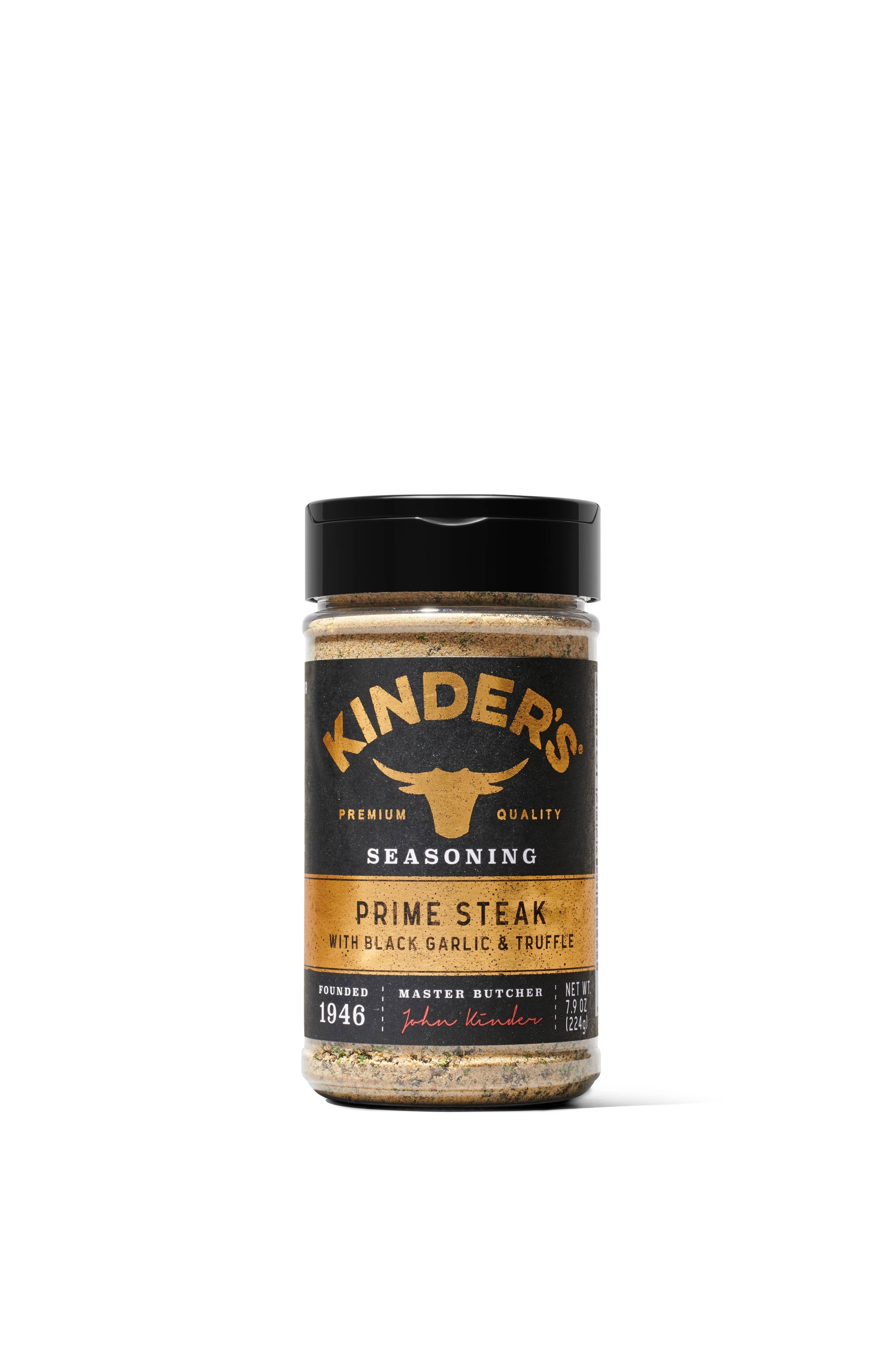 Kinders Prime Steak seasoning jar on a white background