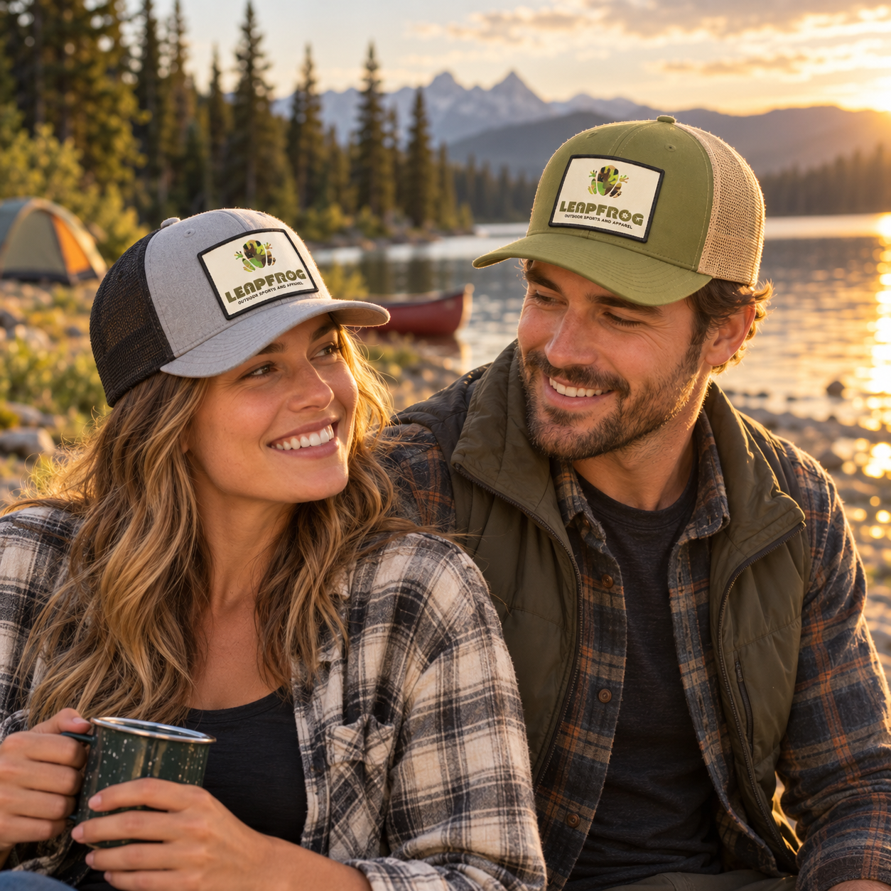 Outdoor couple wearing grey and olive Leapfrog mesh snapback hats beside a mountain lake at sunset.