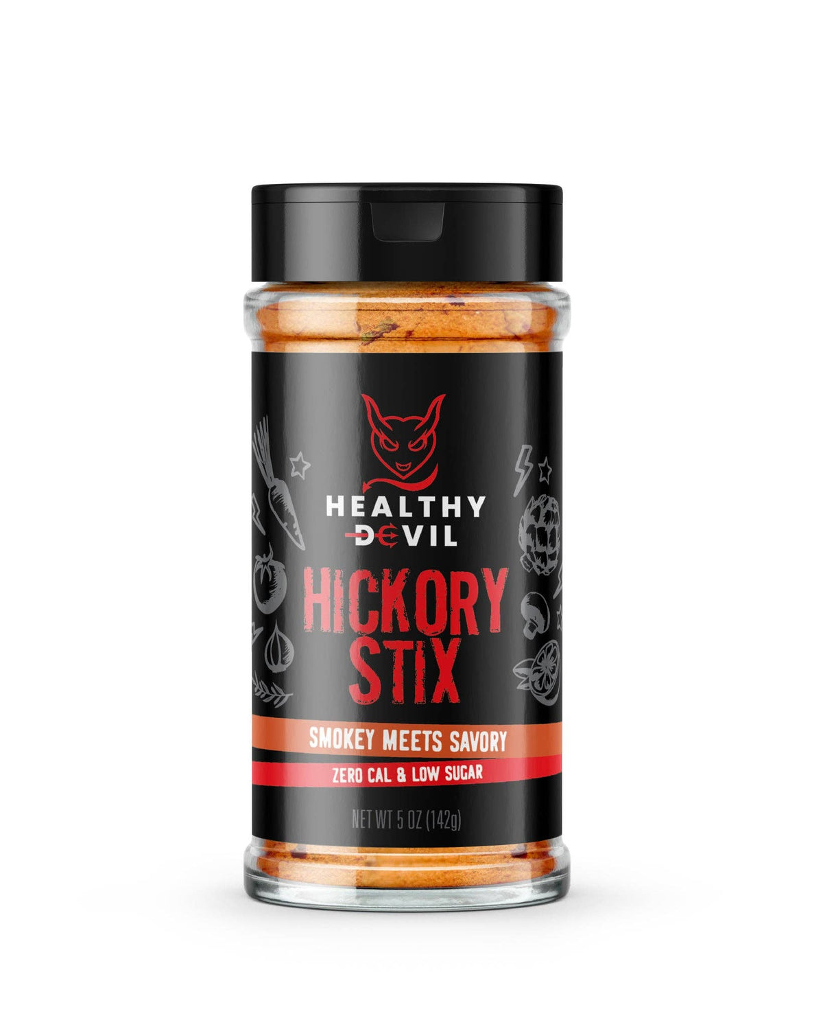 Healthy Devil Hickory Stix BBQ seasoning with smoky sweet flavor for burgers, wings, shrimp and vegetables