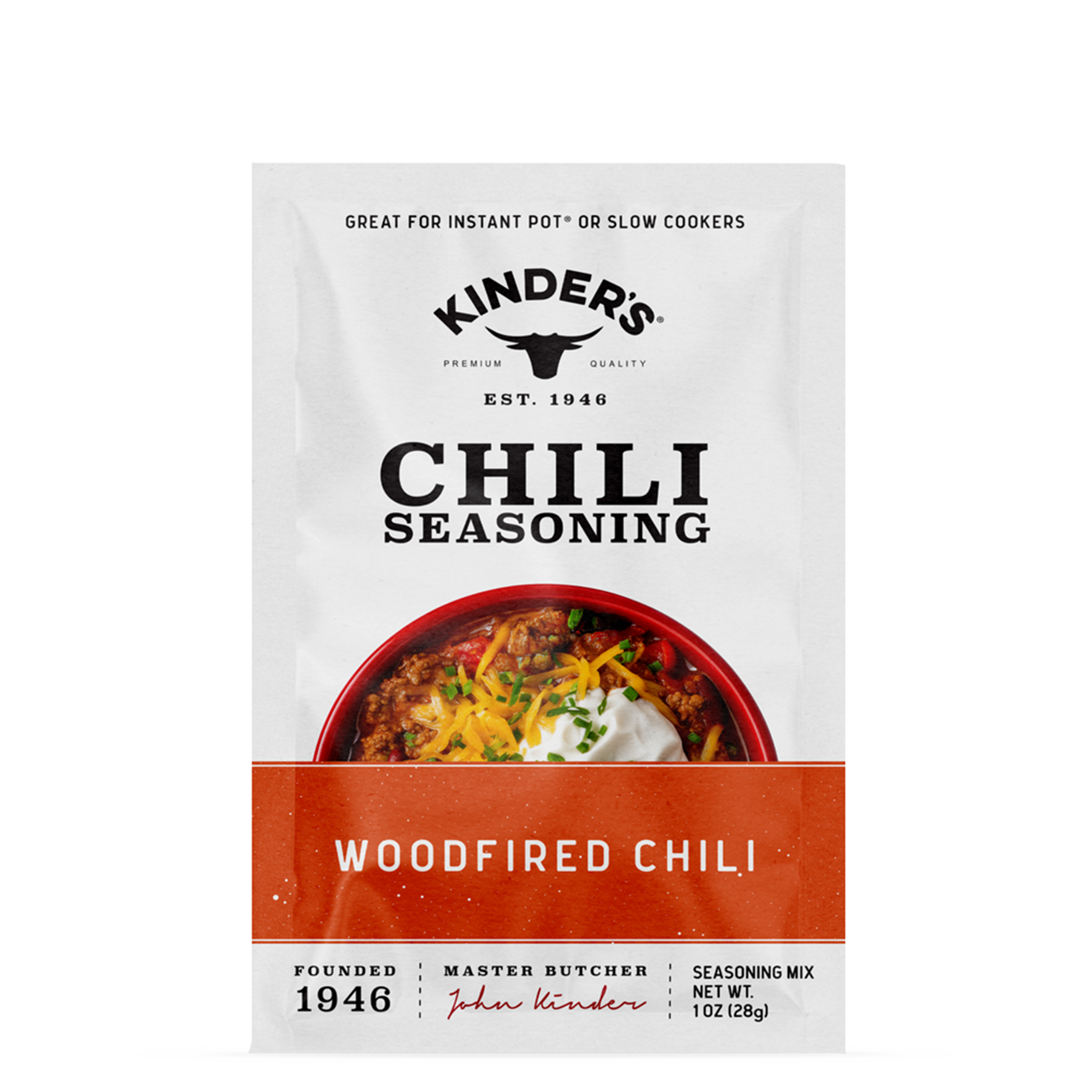 Kinders Chili Seasoning package with a bowl of chili on a white background