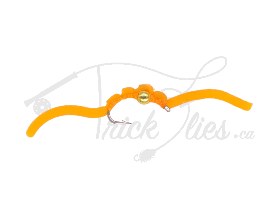 Beadhead Squirmy Worm fly fishing lure with orange body and gold bead head on hook