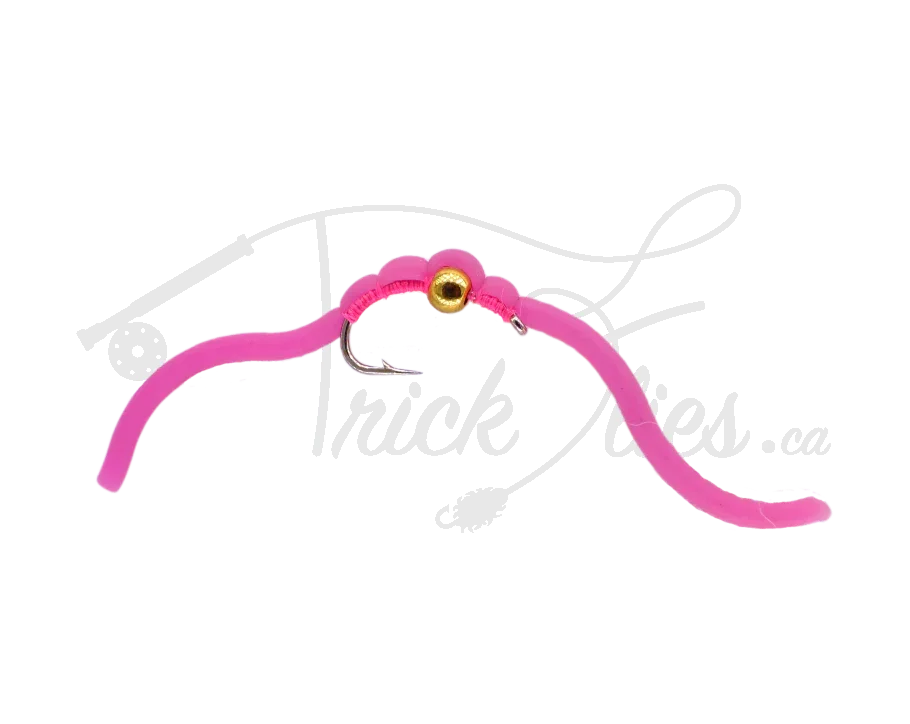 Pink beadhead squirmy worm fly fishing lure with gold bead on hook