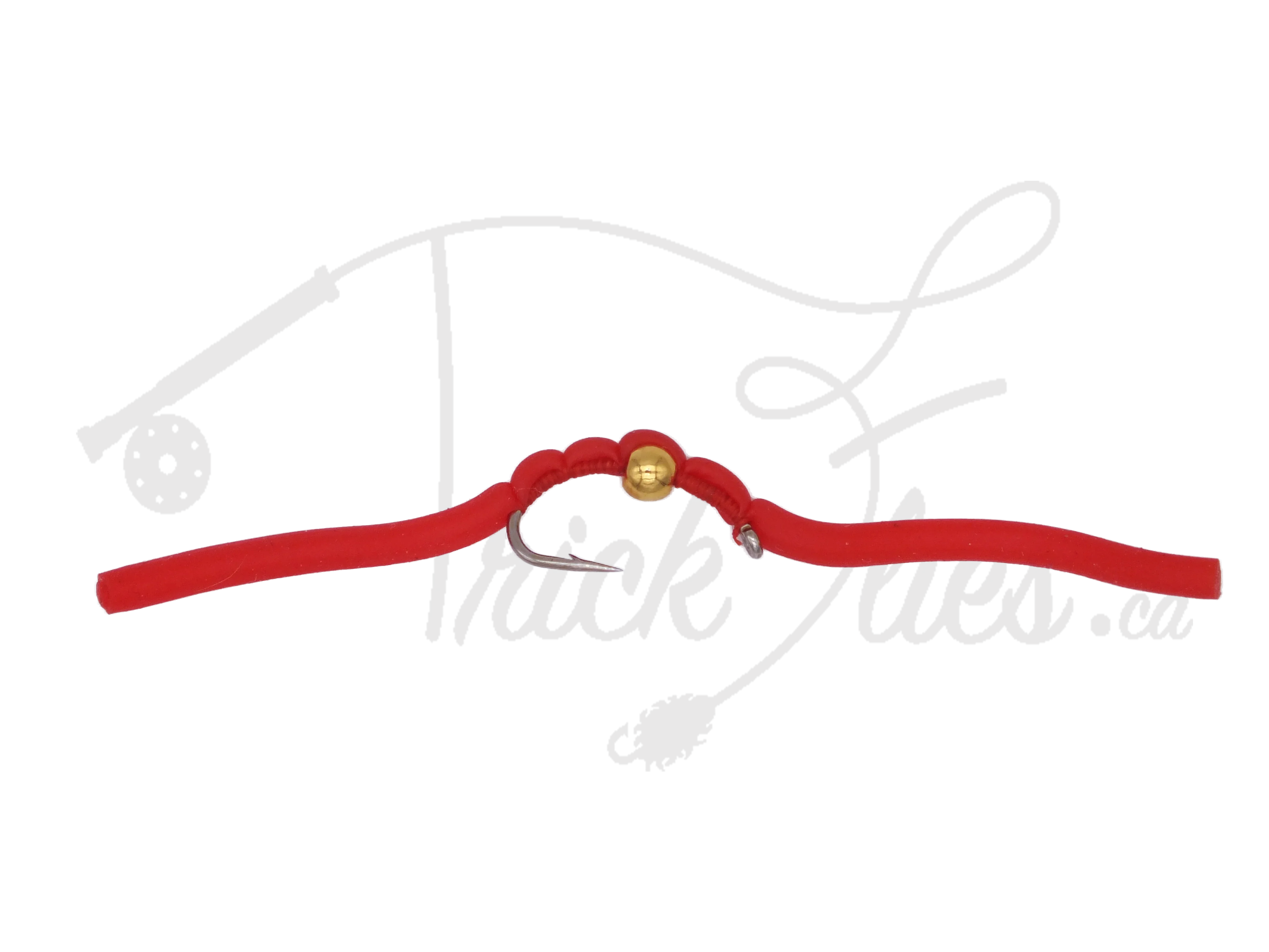 Red beaded squirmy worm fly fishing lure with gold bead on hook, white background