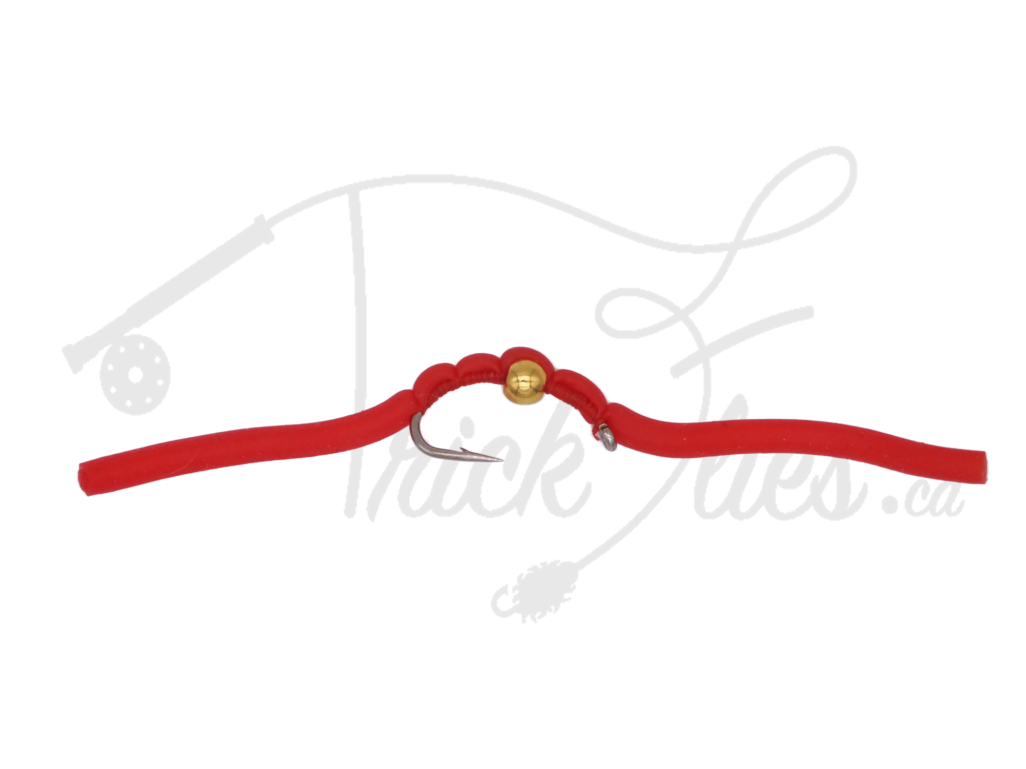 Red beaded squirmy worm fly fishing lure with gold bead on hook, white background