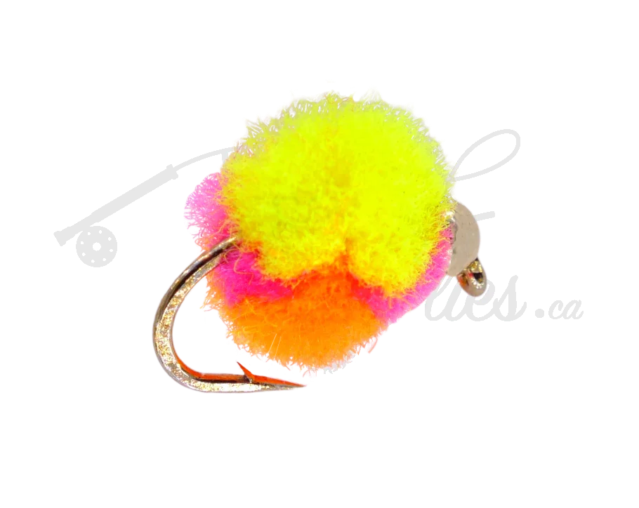 Beadhead Clown Egg fly fishing lure with bright yellow, pink, and orange yarn on a hook