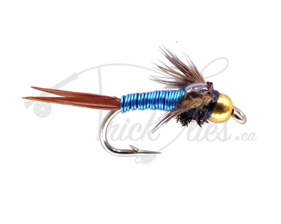 Blue copper john nymph fly fishing lure with gold bead head and feather accents