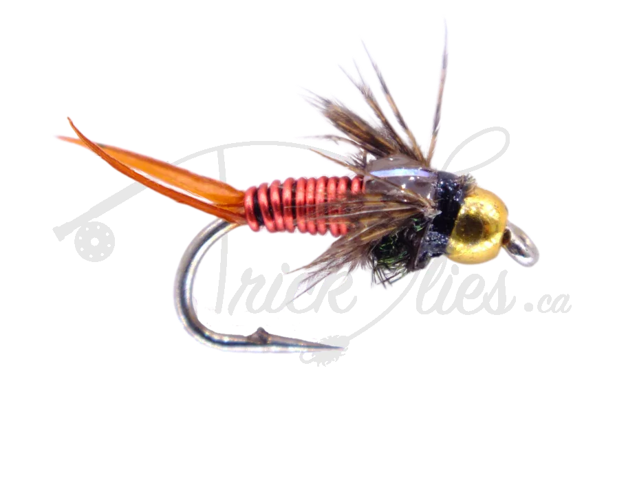 Copper John Red fly fishing lure with gold bead head and copper wire body