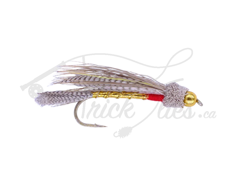 Beadhead gold rolled muddler fishing fly with gold body, red band, and feather wing