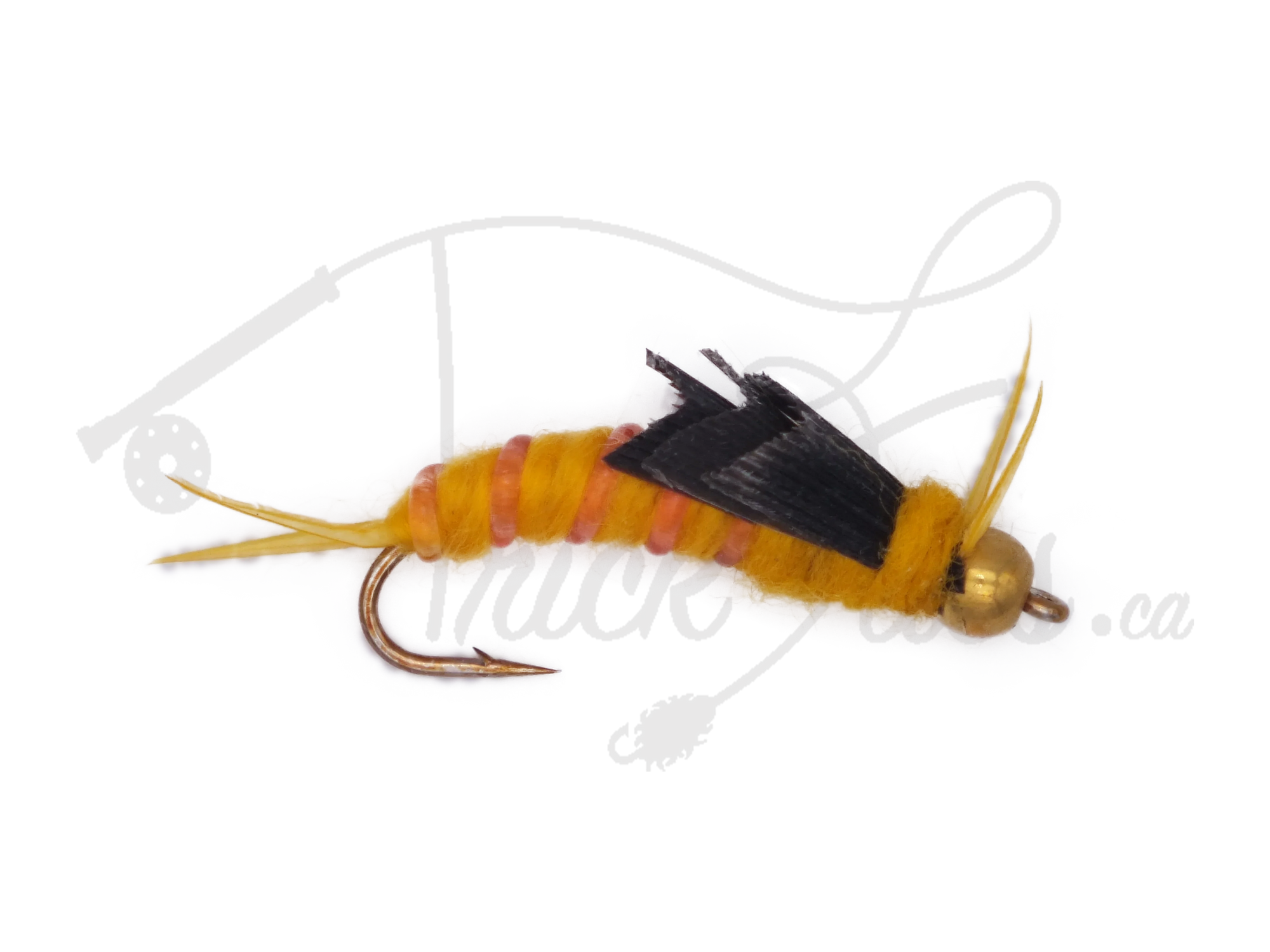 Beadhead Kaufmann's Stone Golden fly fishing lure with yellow and orange body, black wings, gold bead head.