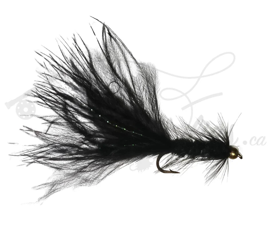 Black beadhead woolly bugger fly fishing lure with gold bead and feather tail