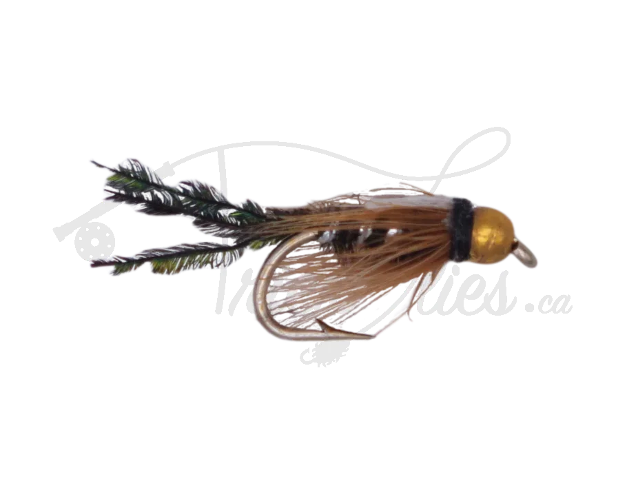 Beadhead Zug Bug trout fly with gold bead, peacock herl tail, and brown hackle