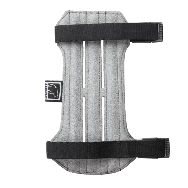 Bear Archery Cordura arm guard gray with black straps on white background