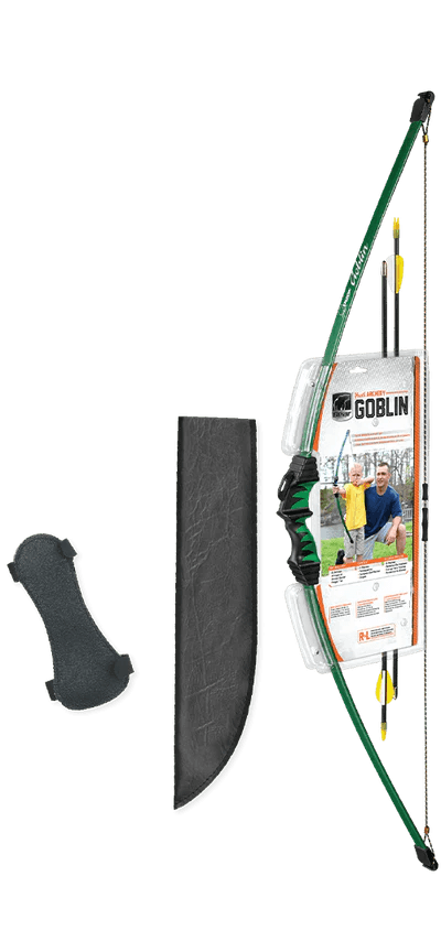 Bear Archery Goblin youth bow set with green bow, arrows, arm guard, and black quiver