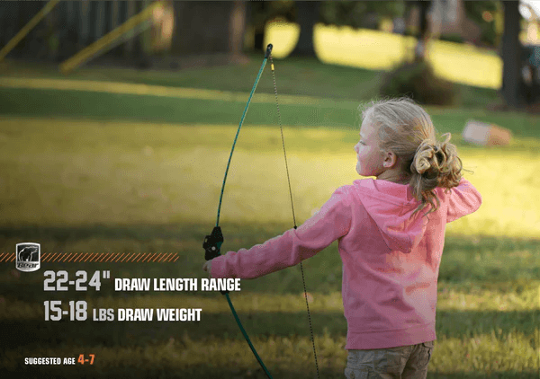 Young girl with Bear Archery Goblin youth bow outdoors, child archery gear for ages 4-7