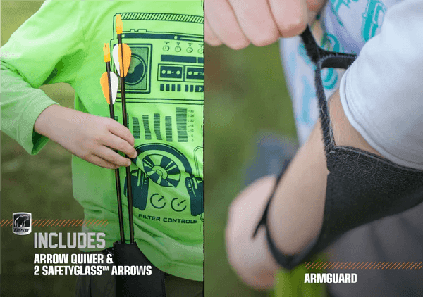 Bear Archery Goblin youth bow set includes arrow quiver, safetyglass arrows, armguard