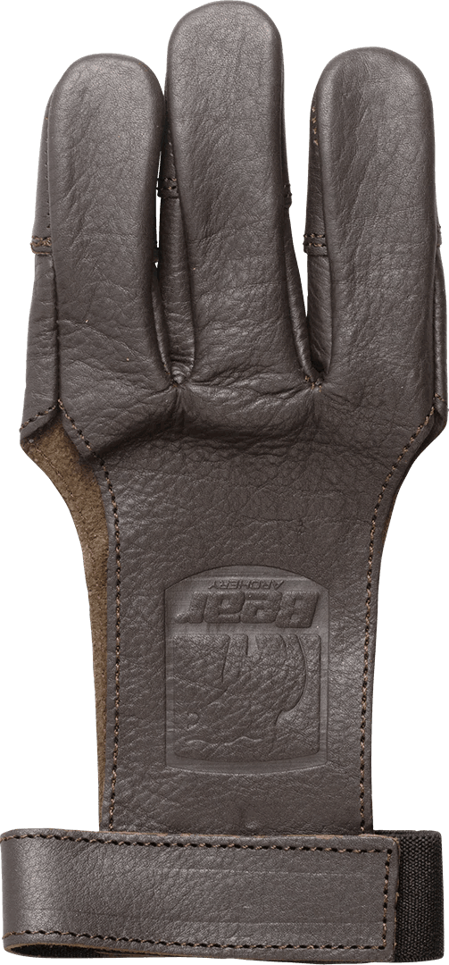 Bear Archery brown leather 3-finger shooting glove with logo and wrist strap