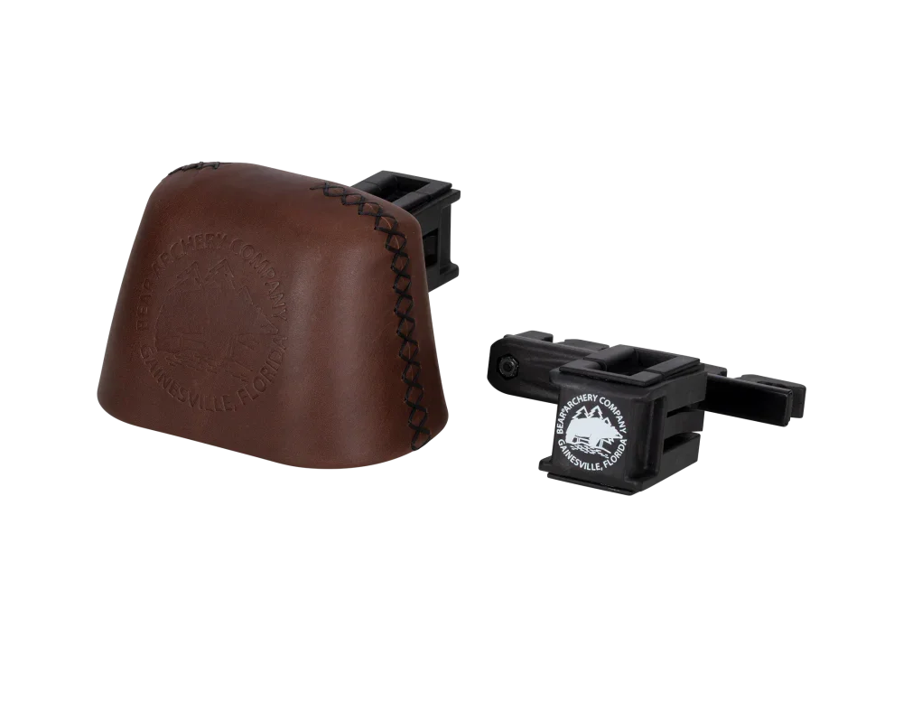 Bear Archery leather Kodiak quiver with logo, brown stitched cover and black bracket