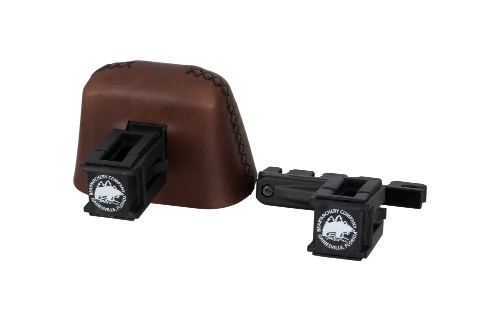 Bear Archery leather Kodiak quiver accessory with brown stitched leather and black clips