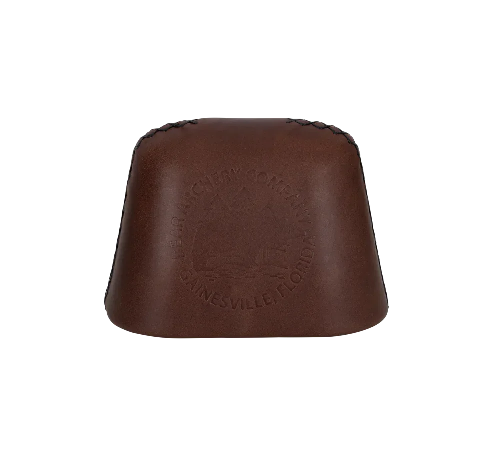 Bear Archery leather Kodiak quiver end cap with embossed Gainesville Florida logo
