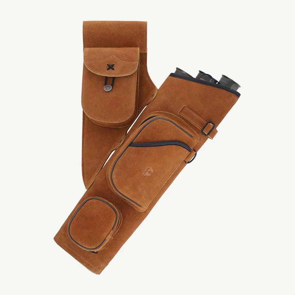 Honey brown suede leather archery quiver with multiple pockets and black trim