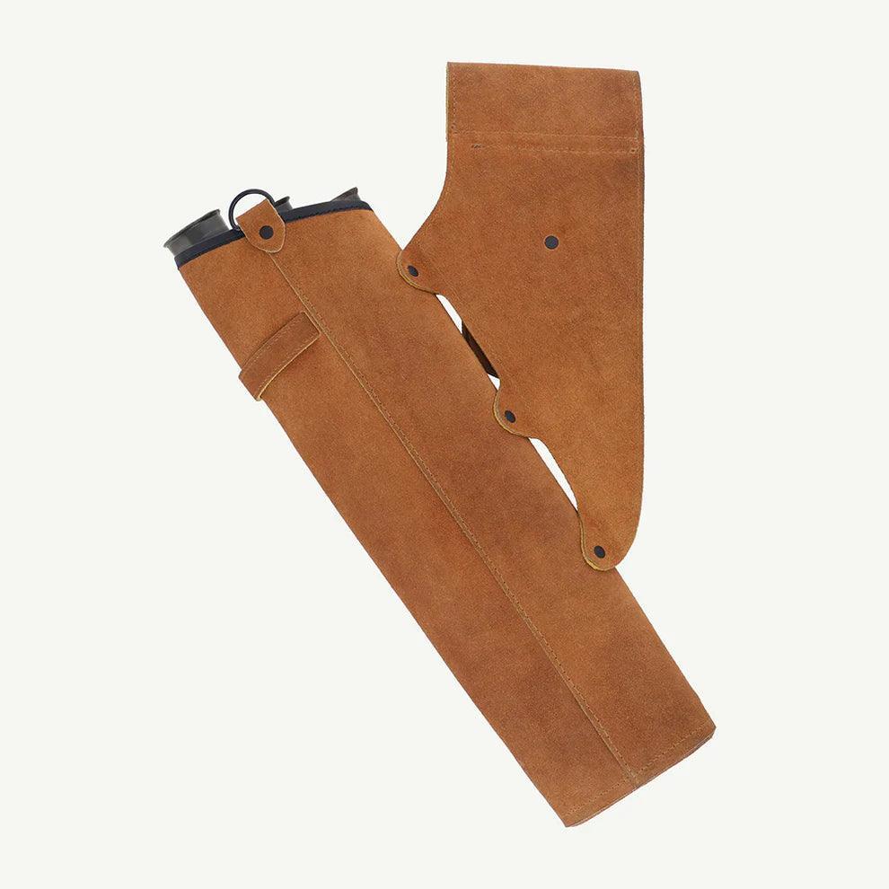 Honey brown suede leather archery quiver and arm guard set on white background