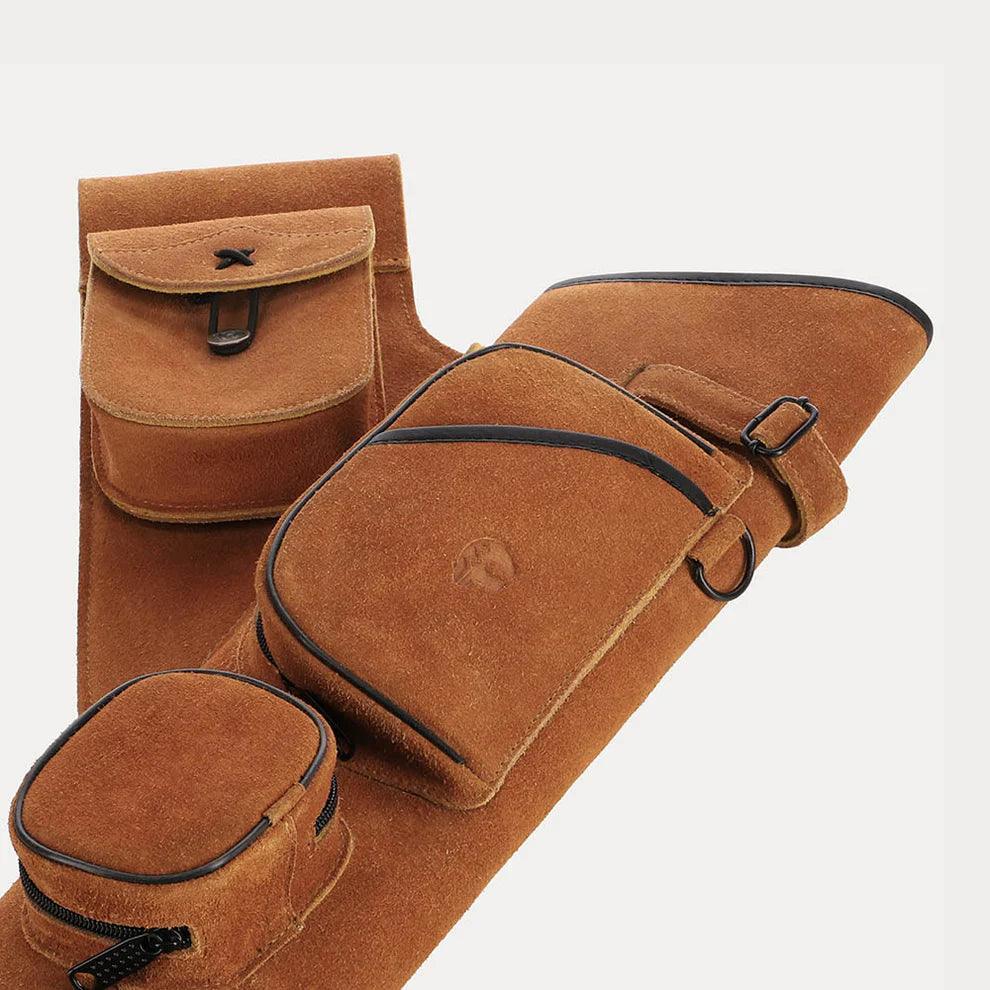 Honey brown suede archery quiver with multiple zippered and flap pockets