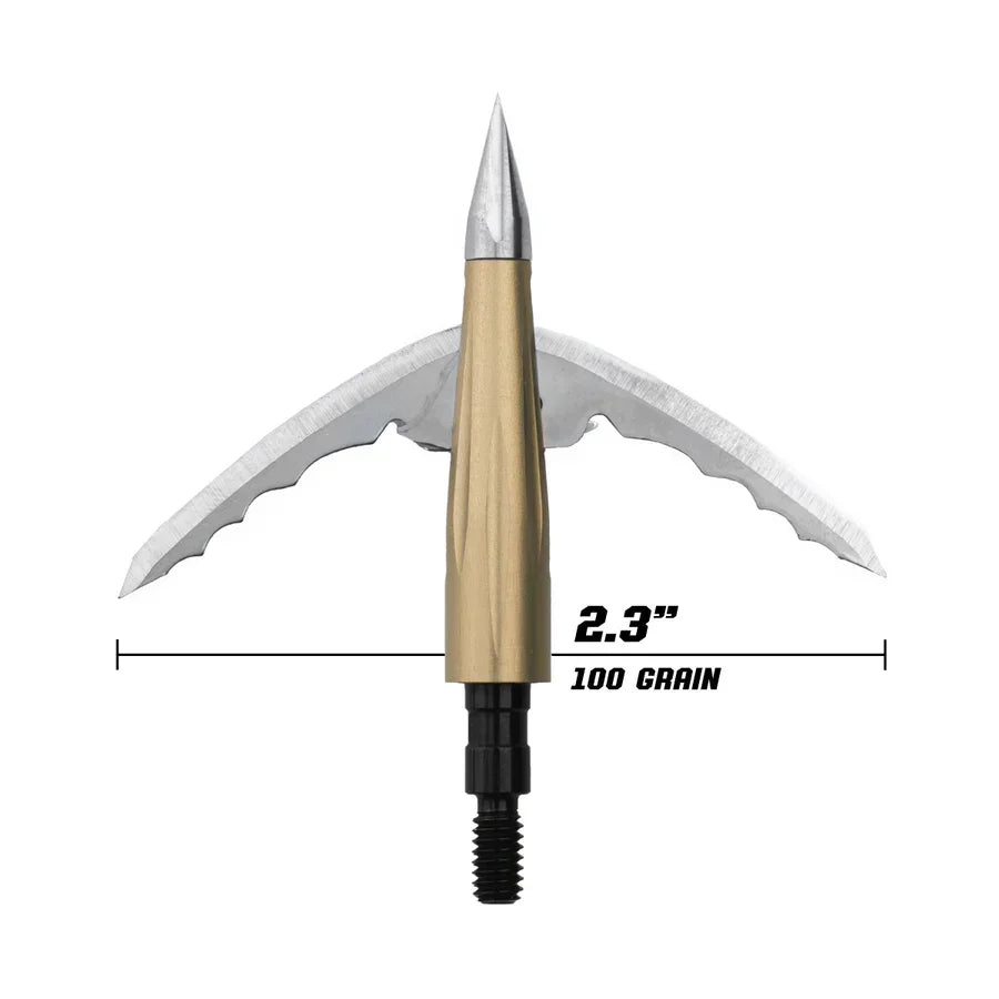 2.3-inch 100 grain mechanical broadhead with gold body and open razor-sharp blades