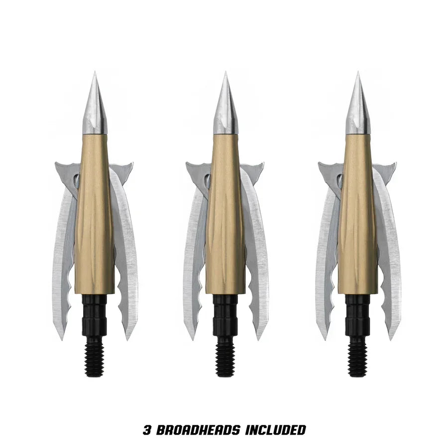 Three pack of mechanical broadhead arrow tips with gold and silver blades, white background