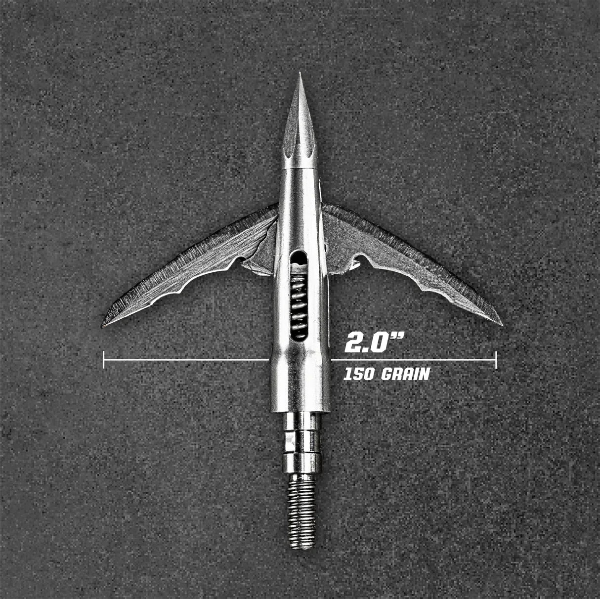 150 grain titanium broadhead with 2-inch cutting diameter on dark background