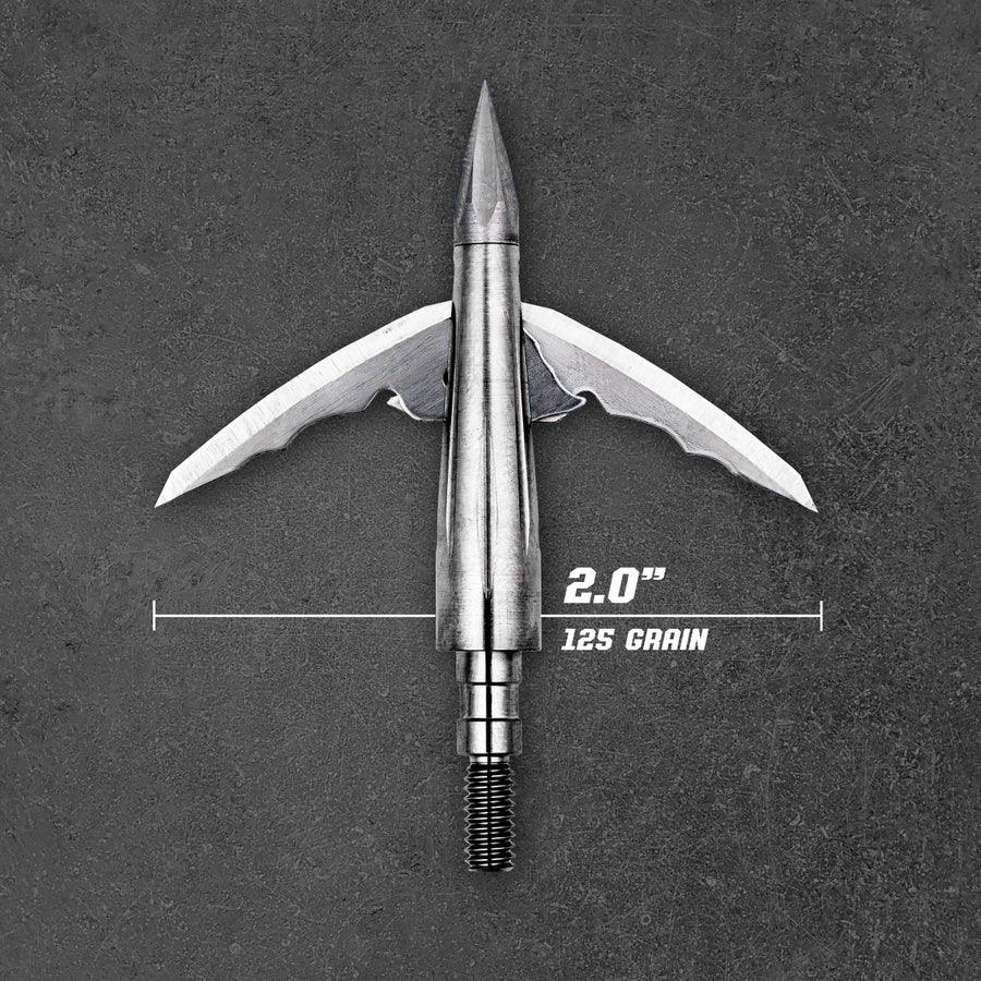 Titanium broadhead arrow tip with open blades, 2-inch cutting diameter, 125 grain weight on gray background
