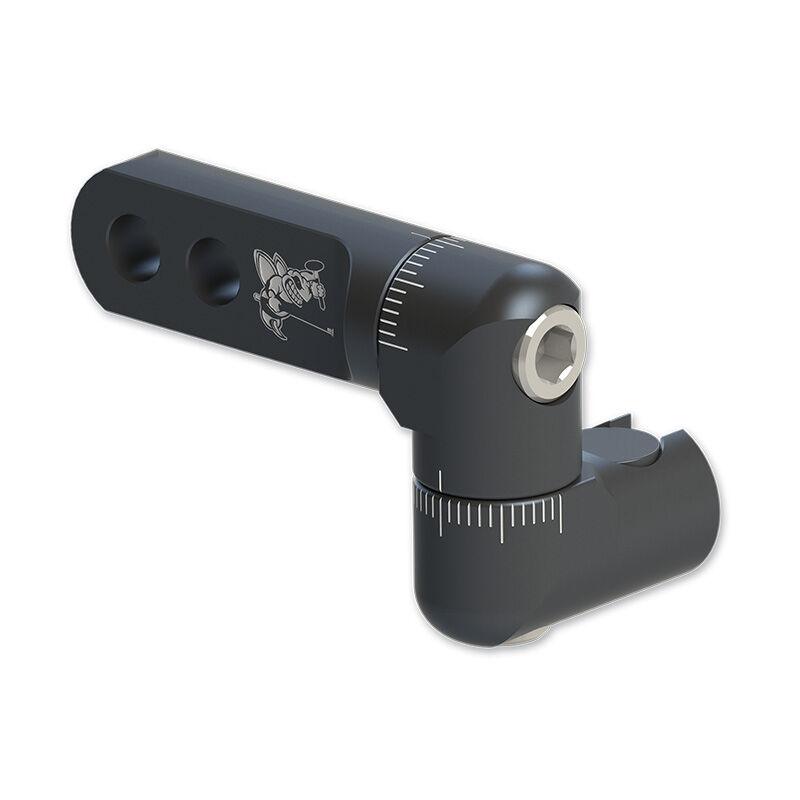 Black adjustable buttstock hinge with engraved wasp logo and angle markings