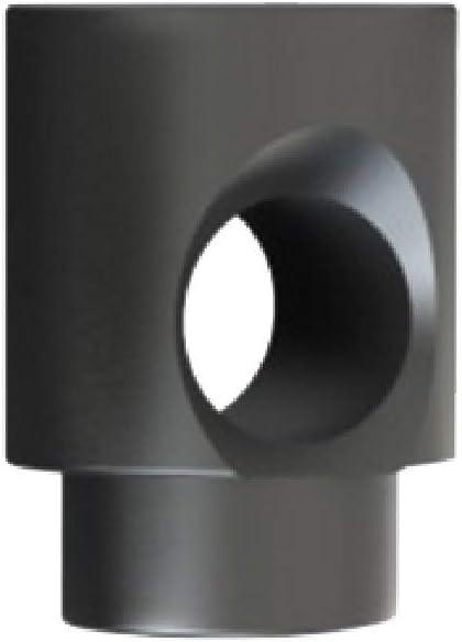Matte black metal pipe fitting with side opening, plumbing connector, industrial hardware