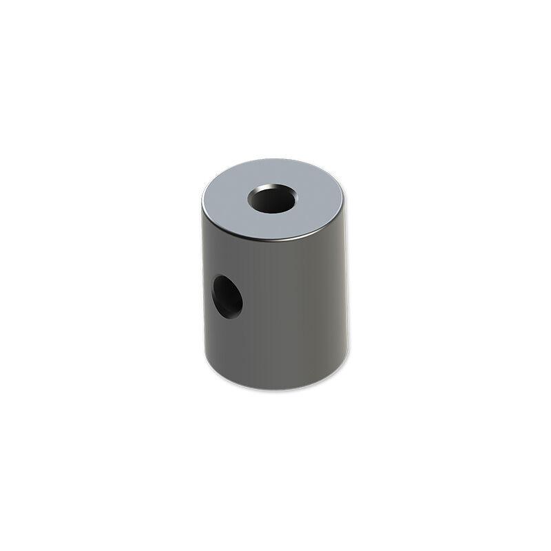 Stainless steel cylinder with precision drilled holes, metal hardware fitting on white background
