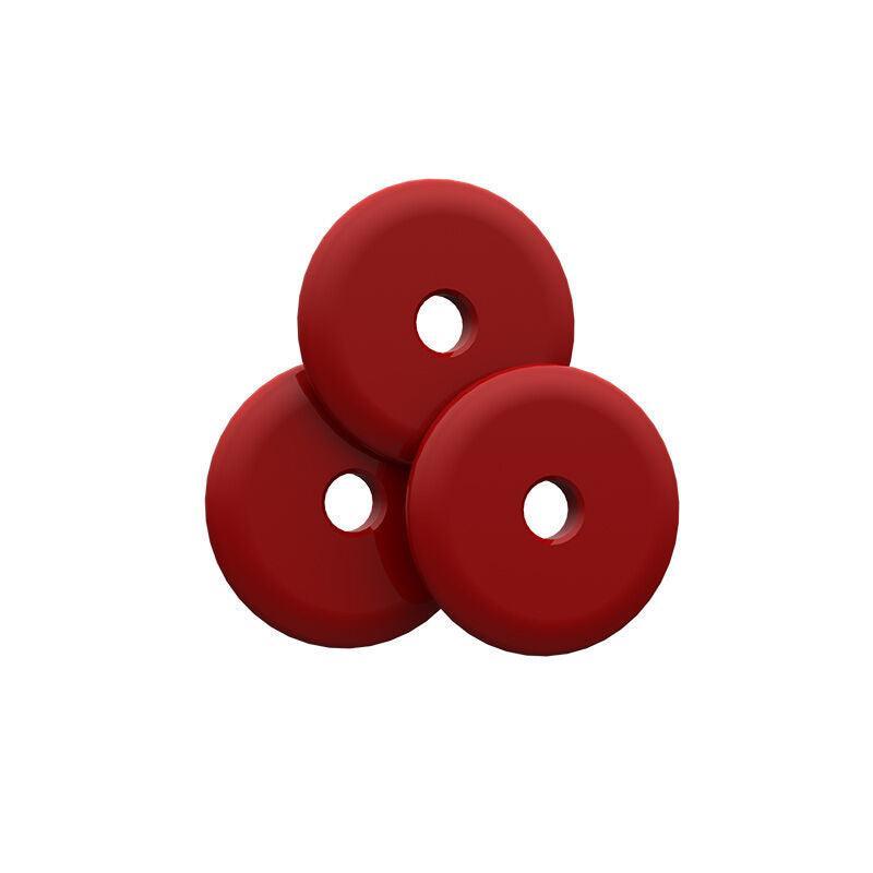 Three red archery stabilizer weights stacked on white background