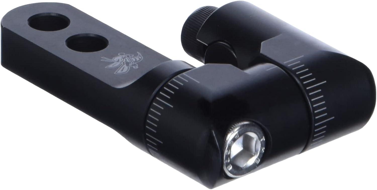 Black adjustable archery bow sight mount with angle markings and dual mounting holes