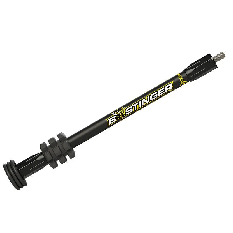 B-Stinger Microhex Hunting Black archery stabilizer with yellow logo on white background