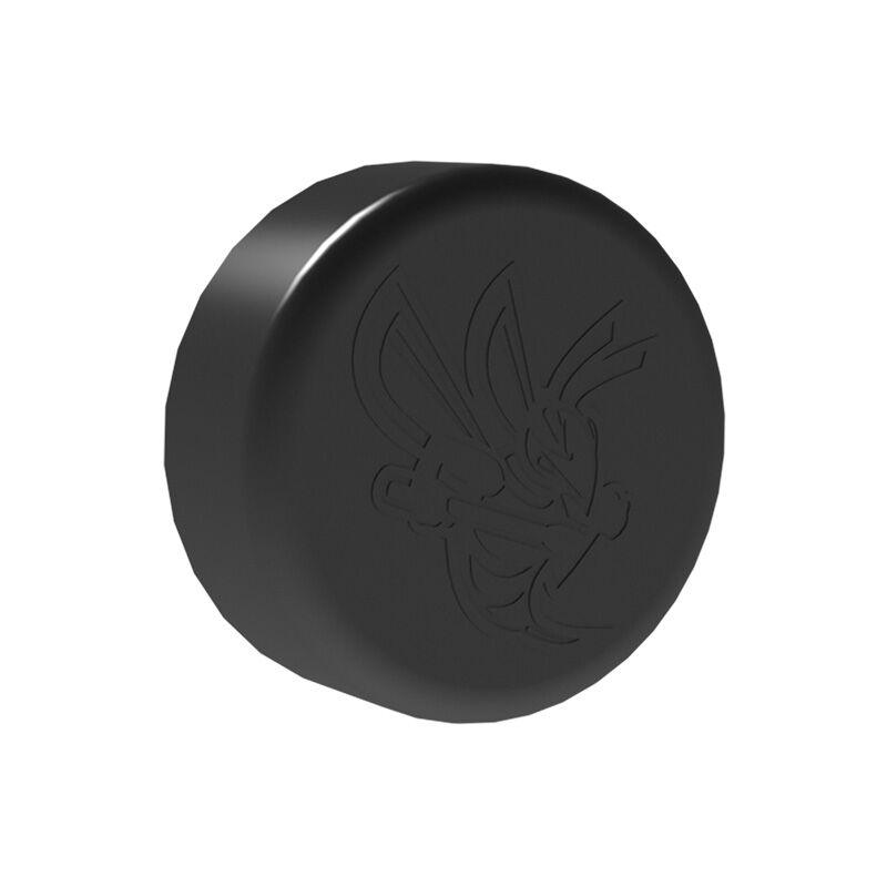 Black circular weight protector with embossed logo for gym equipment protection