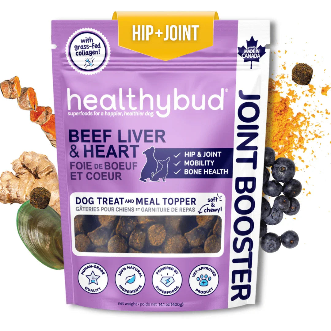 healthybud beef liver and heart hip and joint dog treat and meal topper pouch with superfoods