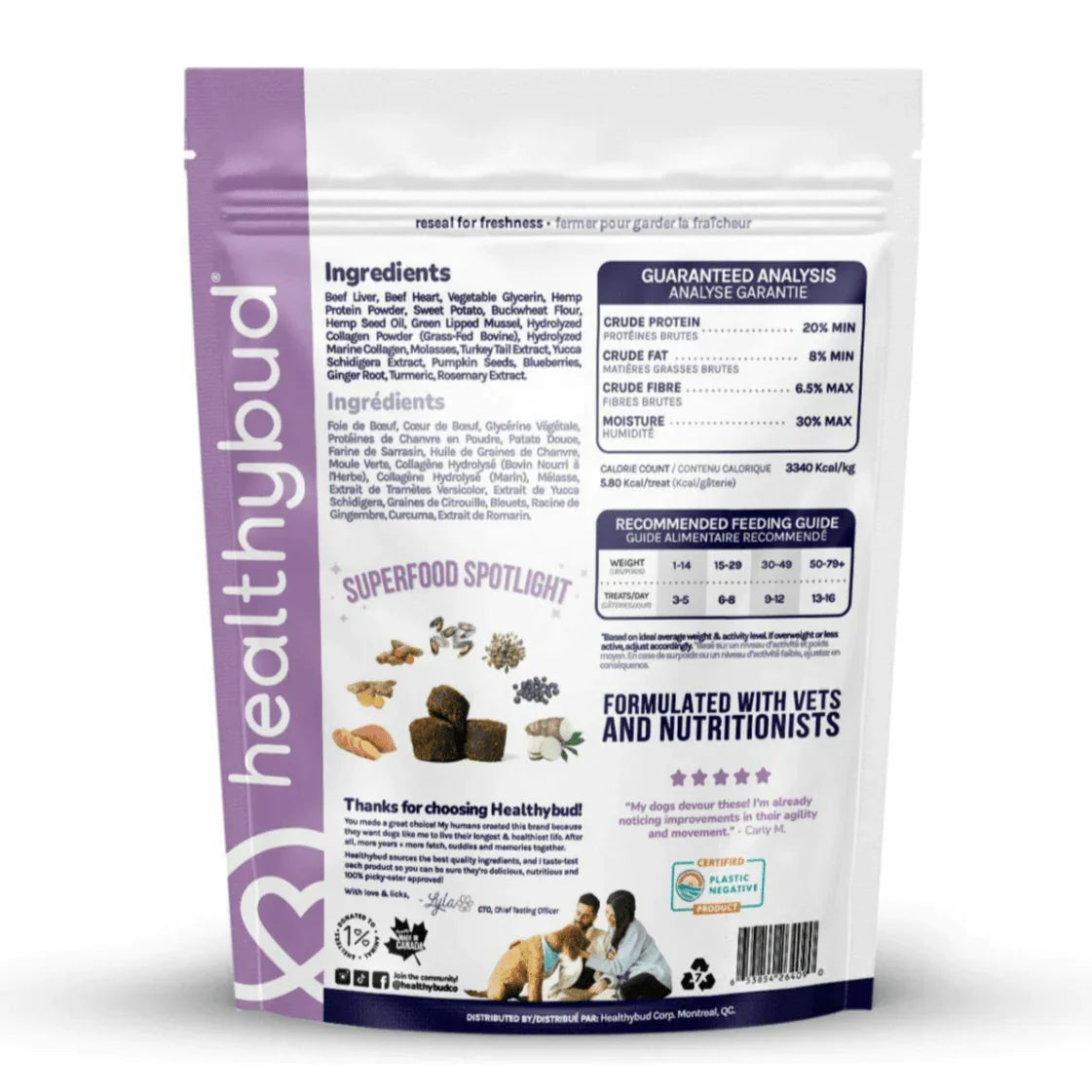 Back of Healthybud beef joint booster dog treats pouch with ingredients and feeding guide.