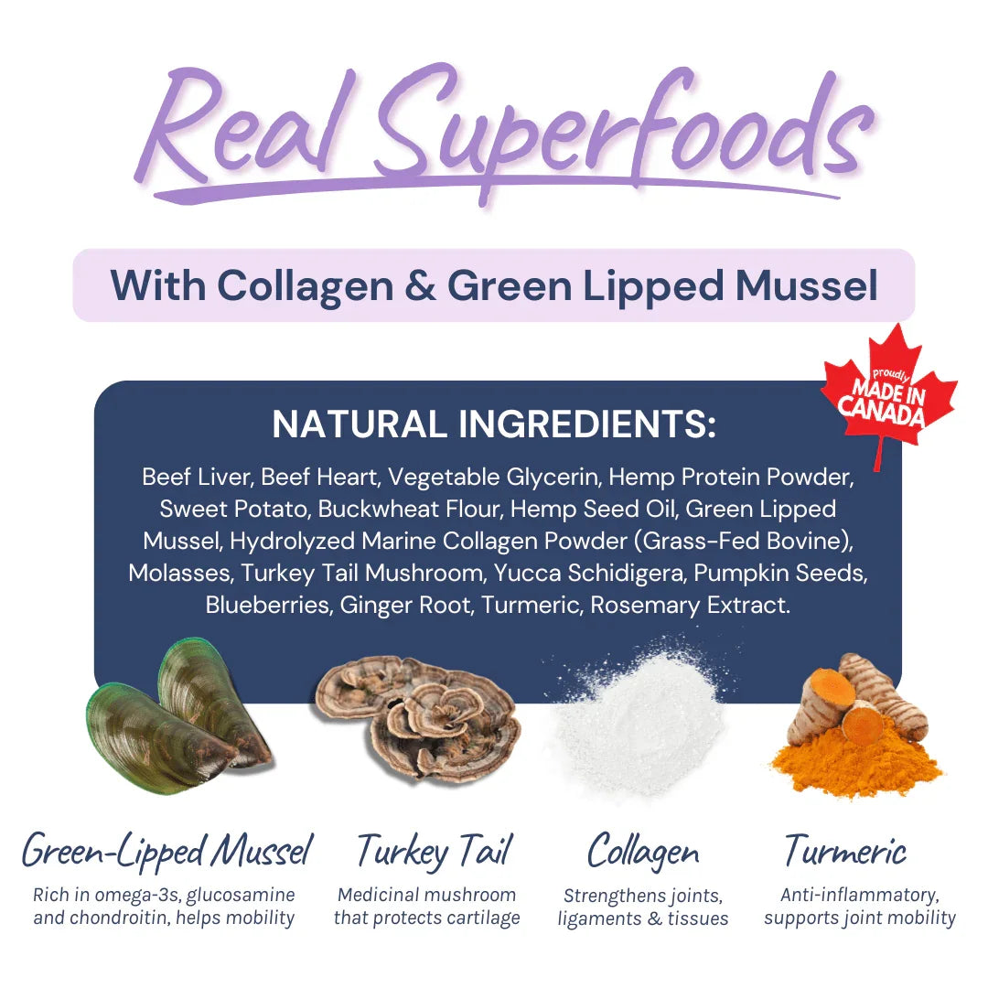 Beef joint supplement with collagen, green-lipped mussel, natural ingredients, made in Canada