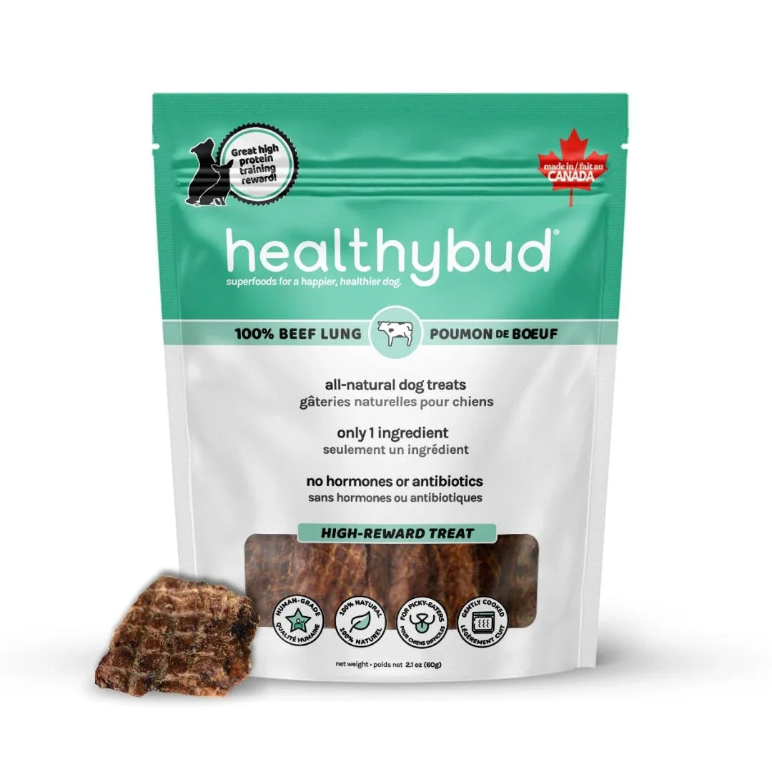 Healthybud beef lung dog treats bag with visible dried beef lung wafers, all-natural single ingredient pet treat.