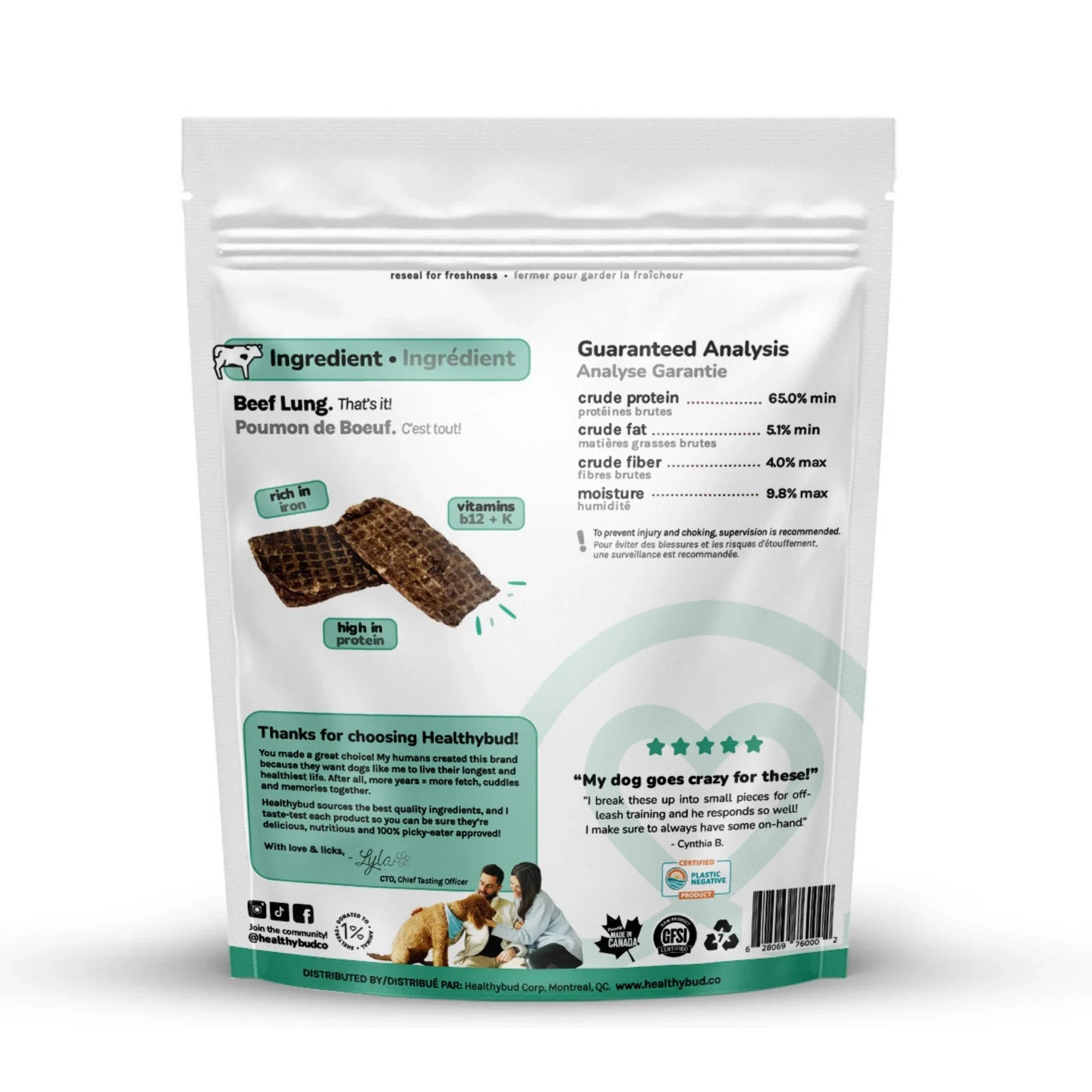 Healthybud beef lung wafers dog treats package with nutritional info and product images
